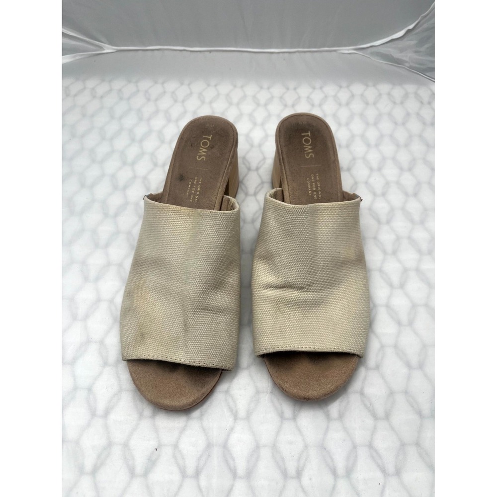 Toms Grace Women's Slide 8 Gray Canvas Open Toe Block Heel Casual Slip On Sandal